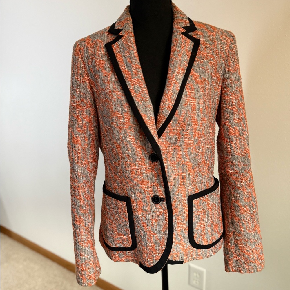 Anne Klein Tweed Blazer Size 6 Orange Gray Black Trim Tailored Jacket - Picture 4 of 7